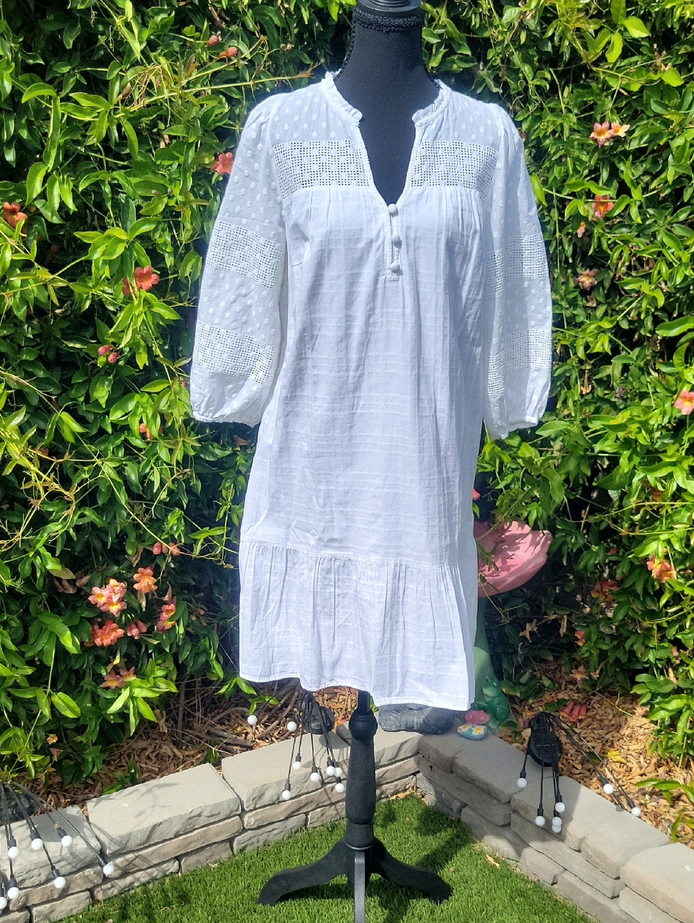 White 100% Cotton Flowy Lace Boho Coastal Cowgirl Dress Sz S